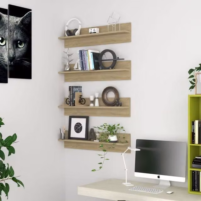 Berkfield Home Set of 4 Wall Mounted Shelves in Sonoma Oak Brown, W/D/H: 80 x 11.5 x 18 cm