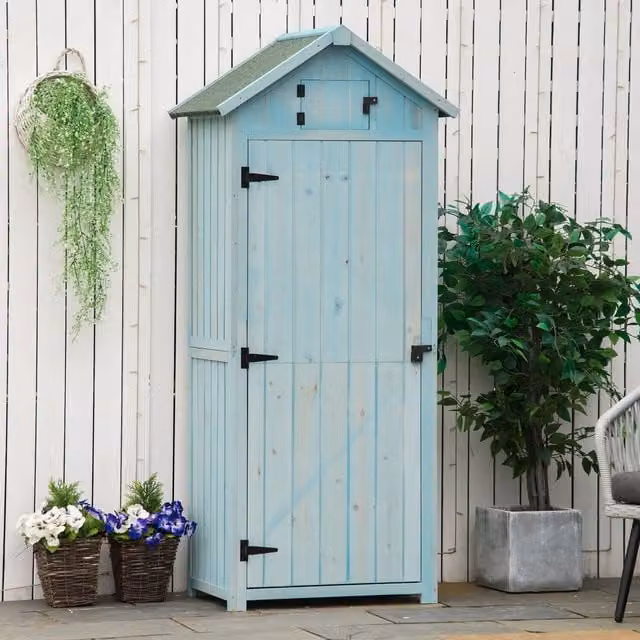 Outsunny Blue Wooden Garden Storage Shed Tall Cabinet with Shelving, W/D/H: 77 x 54 x 179 cm