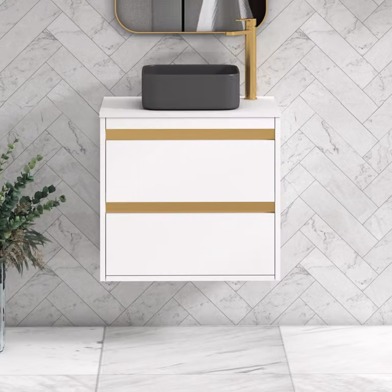 Royal Bathrooms Orion 600mm Matt White Wall Hung Vanity Unit with 2 Drawers, Art Square Basin and Brushed Brass Accent Trim