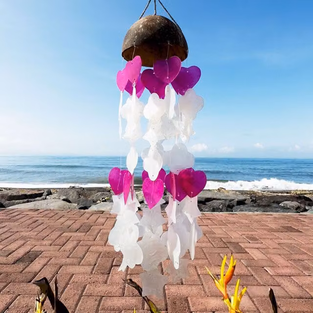 KDMK Pink and White Coconut Capiz Windchimes with Heart Shapes, Height: 35 cm