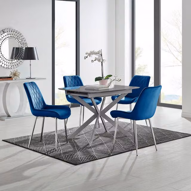 FurnitureboxUK Lira 100cm Grey Metal Extending Dining Table and 4 Pesaro Silver Chairs in Blue