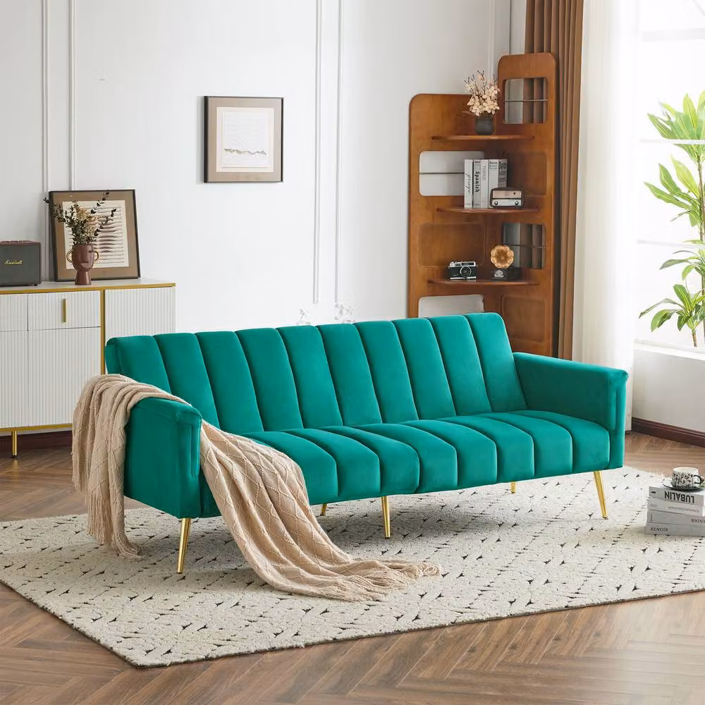 Merax Modern Convertible Velvet Sofa Bed in Green with Adjustable Back and Armrests – 2