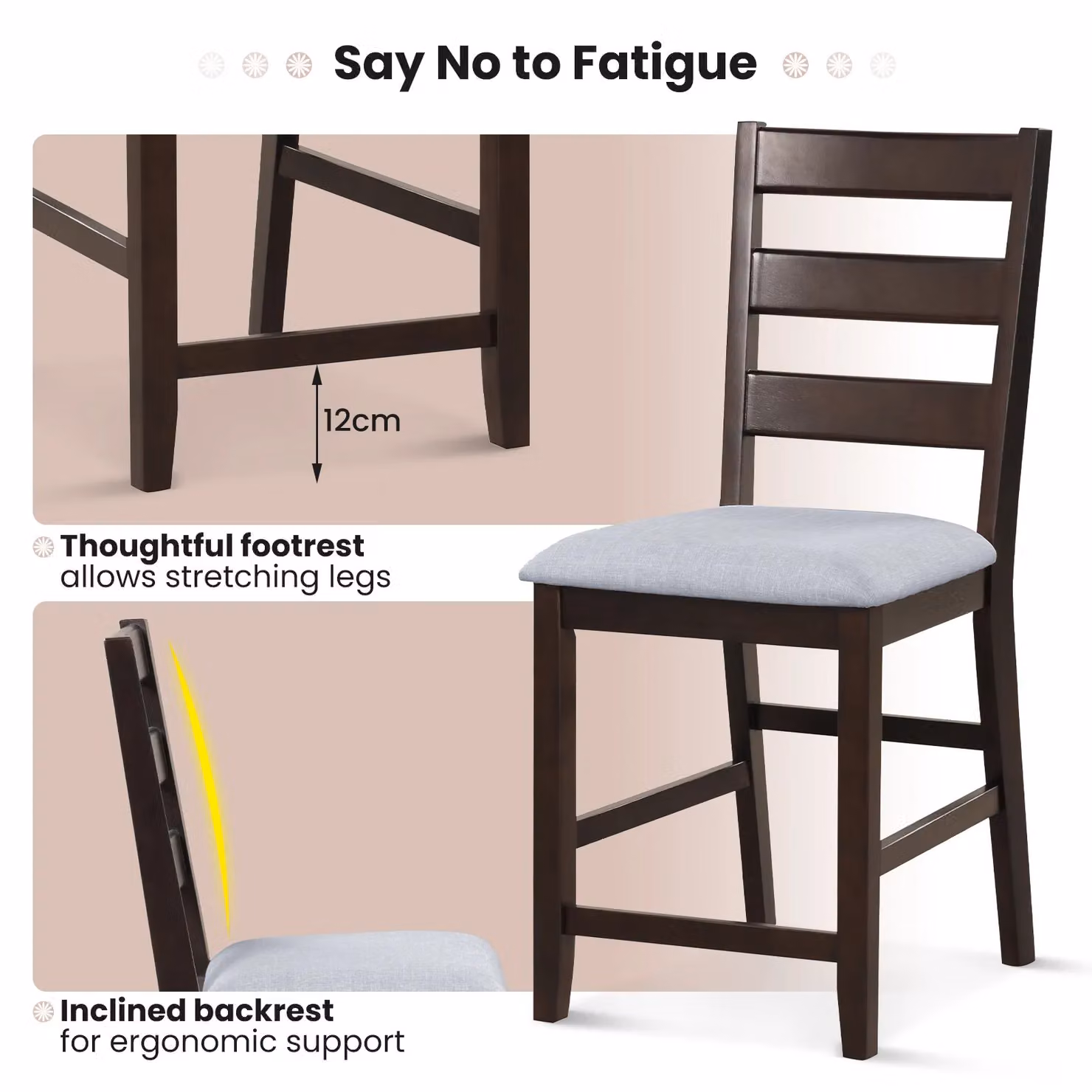 Costway 2-Piece Set of Brown Counter Height Bar Stools with Padded Fabric Seats and Rubberwood Legs – 5