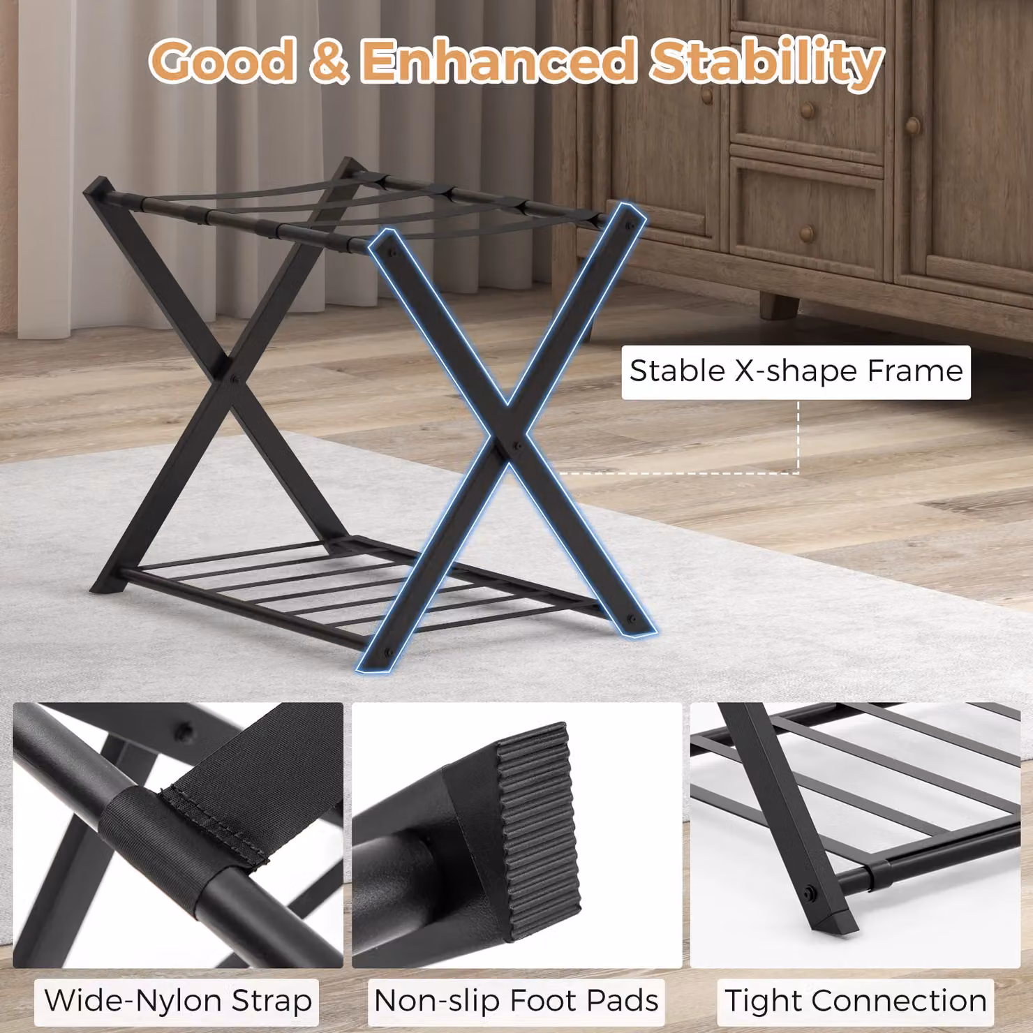Gymax Folding Metal Luggage Rack Holder with Shelf and Belts in Black – 5