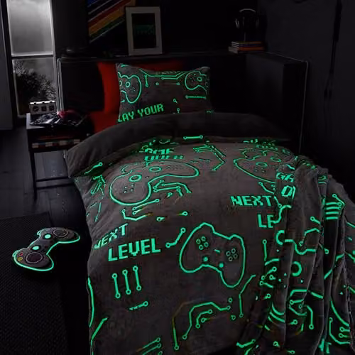 Catherine Lansfield Game Over Glow in the Dark Fleece Duvet Cover and Pillowcase Set, Black and Grey, W/H: 200 x 200 cm – 2