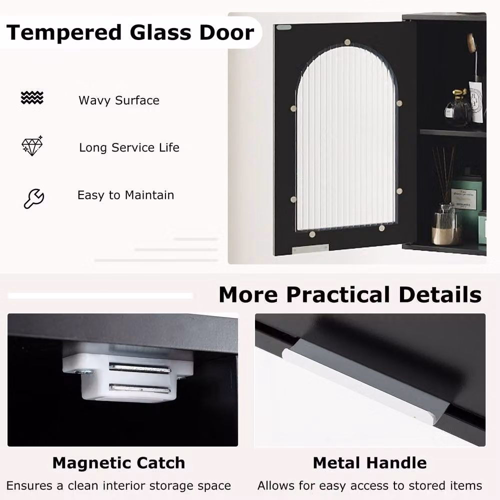 Costway Modern Black Wooden Wall Mounted Bathroom Medicine Cabinet with Glass Doors and Internal Shelves – 7