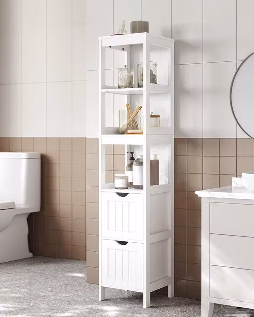 VASAGLE Modern Freestanding White Bathroom and Hallway Cabinet with Drawers and Compartments – 1