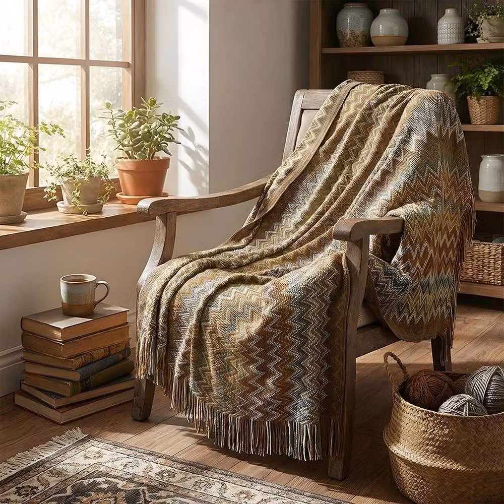 NESTLUNE Khaki Wave Striped Knitted Throw Blanket, W: 100 cm, L: 190 cm – 2