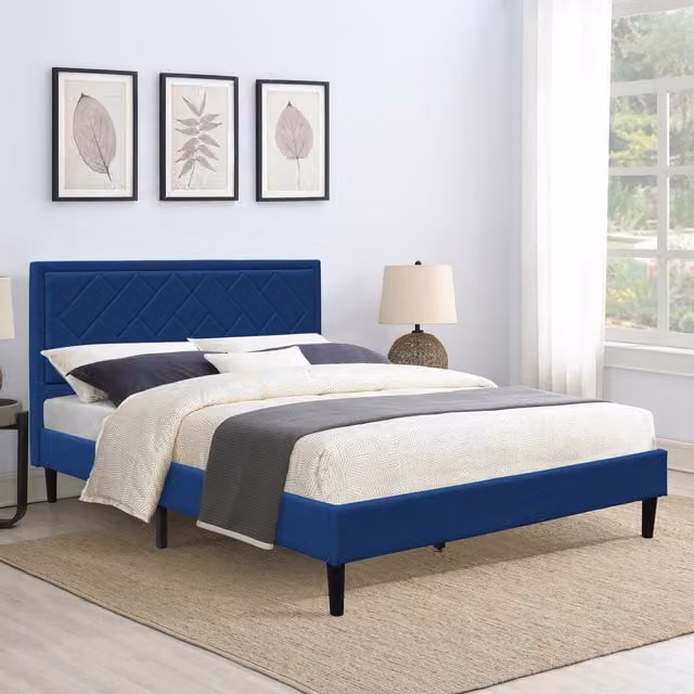 Comfy Living Upholstered Fabric Bed Frame with Padded Headboard in Grey and Blue, W/D/H: 140 x 200 cm