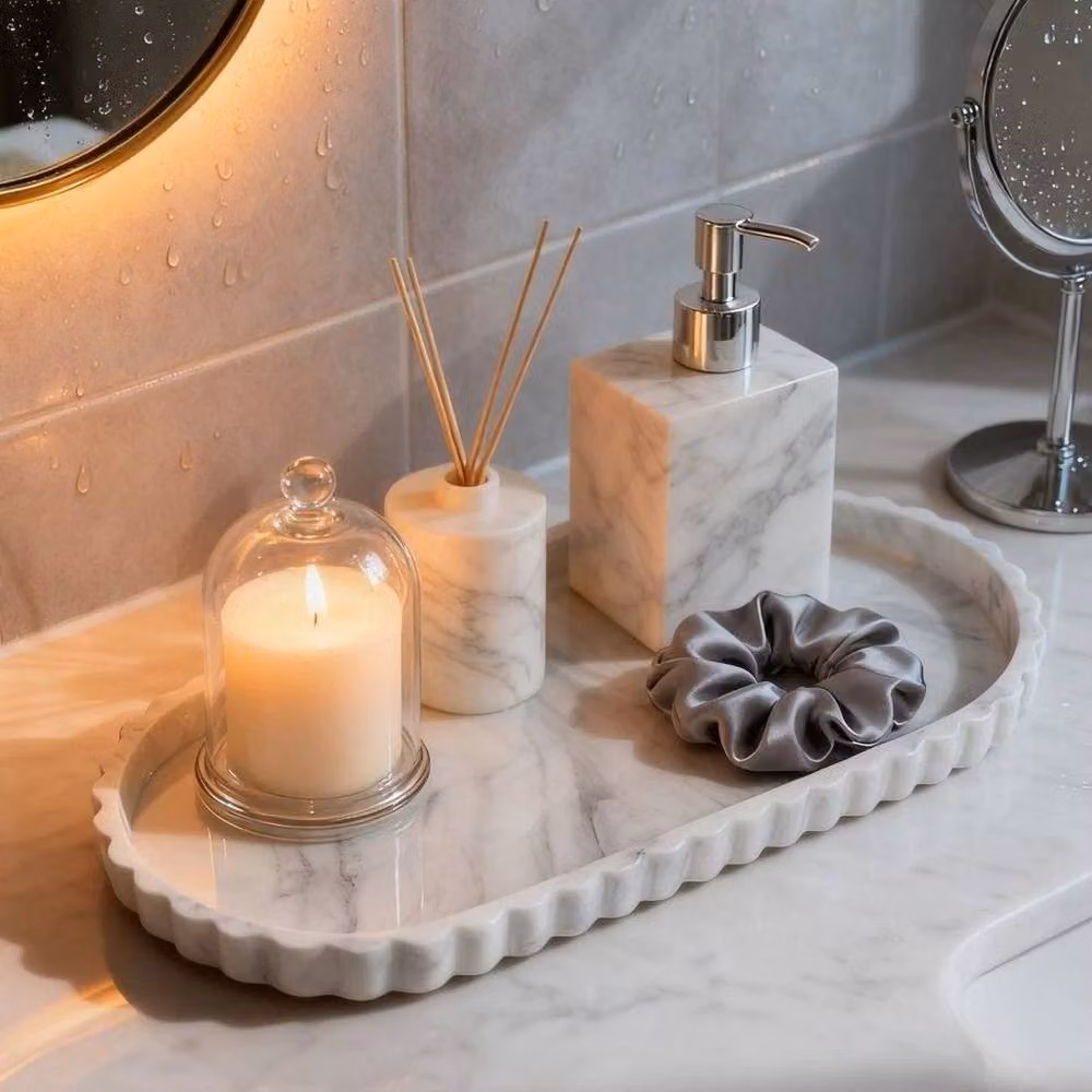 PAWNORA White Marble Pattern Oval Storage Tray – 3