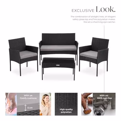 tectake 4-Seater Rattan Garden Furniture Set in Black and Grey with Upholstered Cushions, 2-Seater Sofa, Lounge Armchairs and Coffee Table with Powder Coated Steel Frame – 3