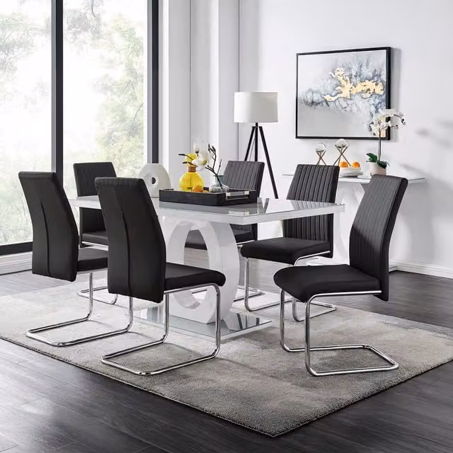 FurnitureboxUK Giovani Modern Grey Glass Rectangular Dining Table and Six Black Faux Leather Lorenzo Dining Chairs – 5