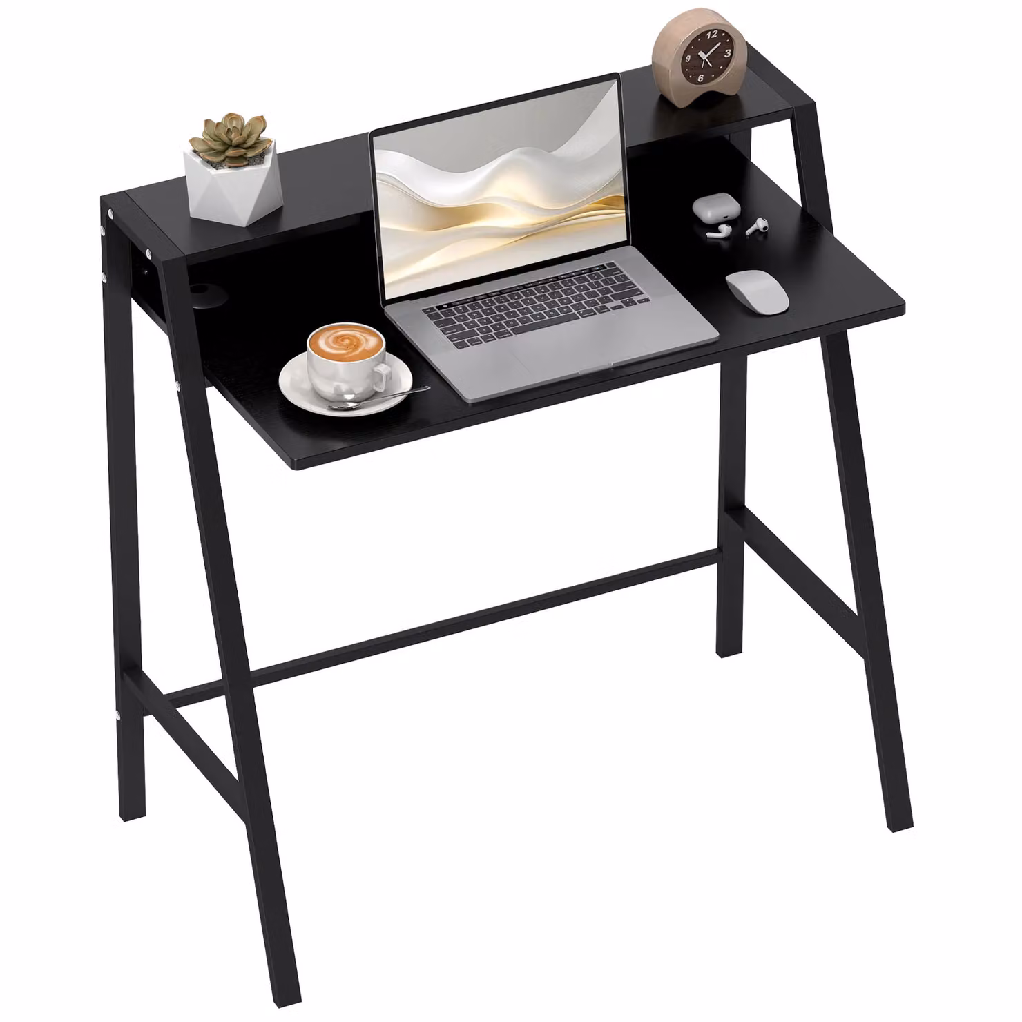 HOMCOM 2-Tier Computer Workstation with Storage Shelf and Metal Frame in Black – 2