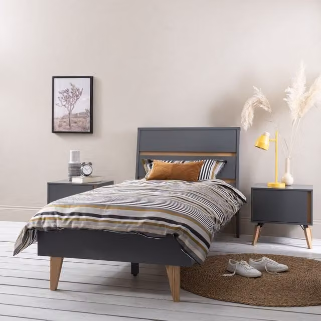 Otto Single Bed Frame in Grey, Modern Solid Pine Wood Design, 90 x 190 cm