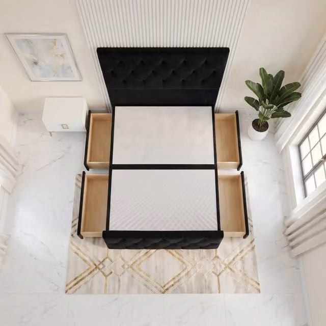 Somnior Beds Ltd Chesterfield Velvet Divan Bed Base with Drawers and Floor Standing Headboard, Black, W/D/H: 140 x 200 x 115 cm