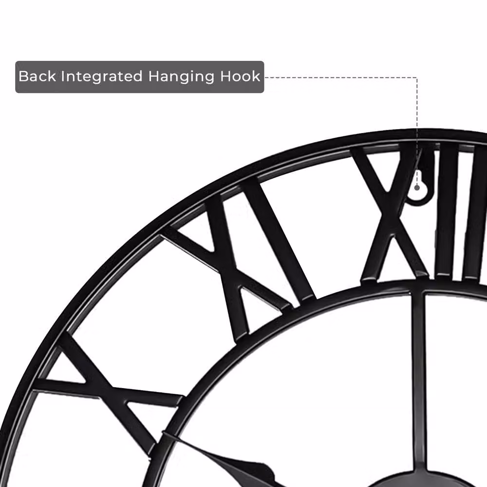 Crystals Black Metal Round Analog Garden Wall Clock with Roman Numerals, W/D/H: 60 x 60 x 60 cm – 2