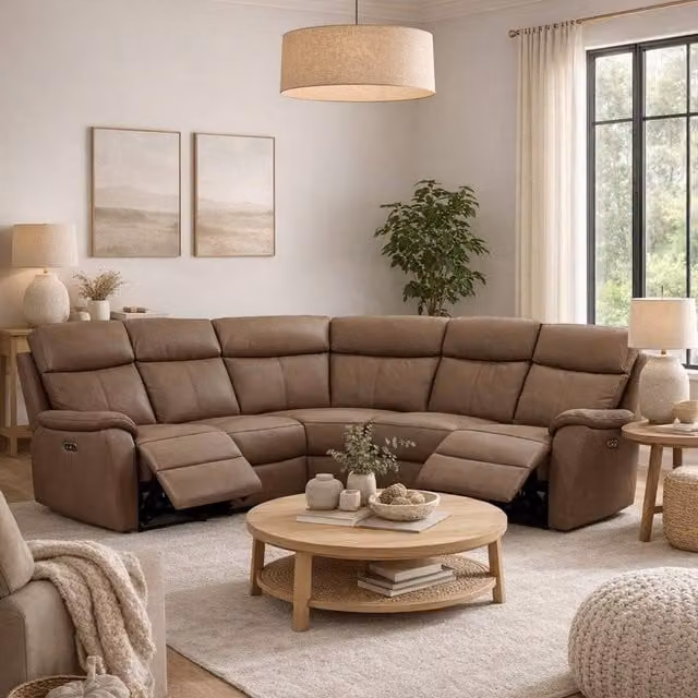 Aspire Kingsmere L-Shape Corner Power Recliner Sofa in Tan Leather and Synthetic Leather with USB Charging – 1