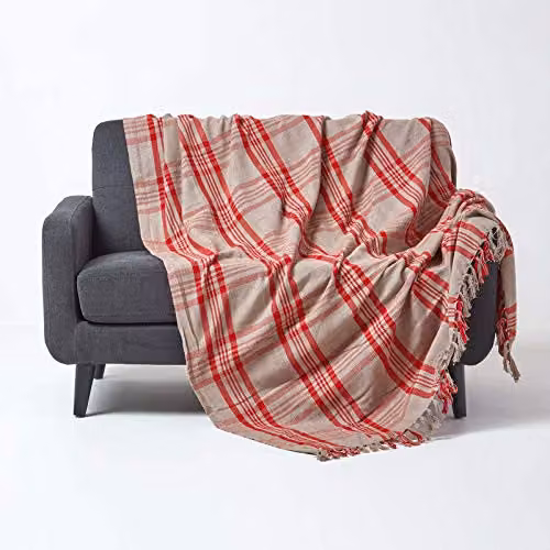 Homescapes Grey and Red Tartan Checked Cotton Throw, W: 152 cm, D: 203 cm – 2