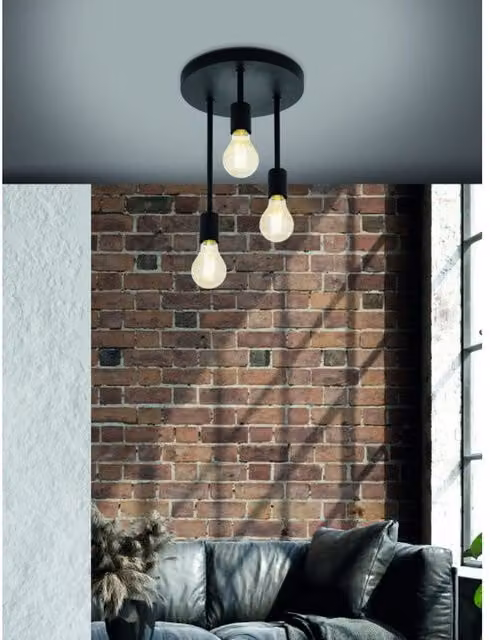 Eglo Wilmcote Industrial Black Metal Suspended Ceiling Light with E27 Exposed Bulbs