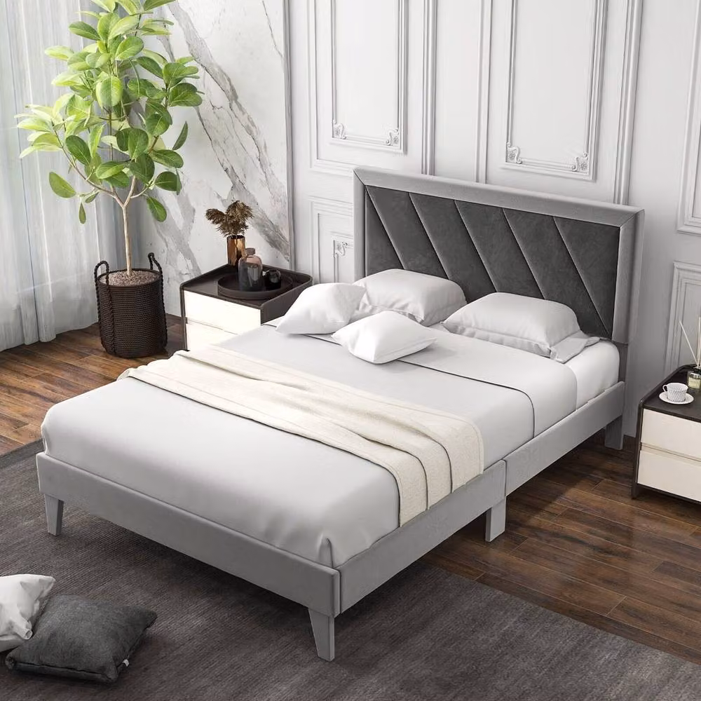 Havendro Double Velvet Platform Bed Frame with High Headboard and Slat Base in Grey, W/D/H: 140 x 200 cm – 3