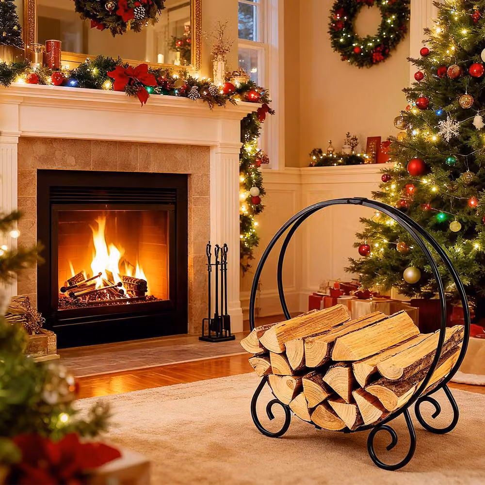Gymax Folding A-frame Firewood Rack and Log Hoop in Black – 4