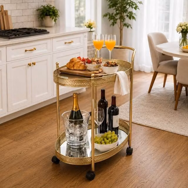 SPOT ON DEALZ Gold Modern Drinks Trolley Bar Cart with Glass Shelves and Castors, W/D/H: 70 x 35 x 57 cm – 1