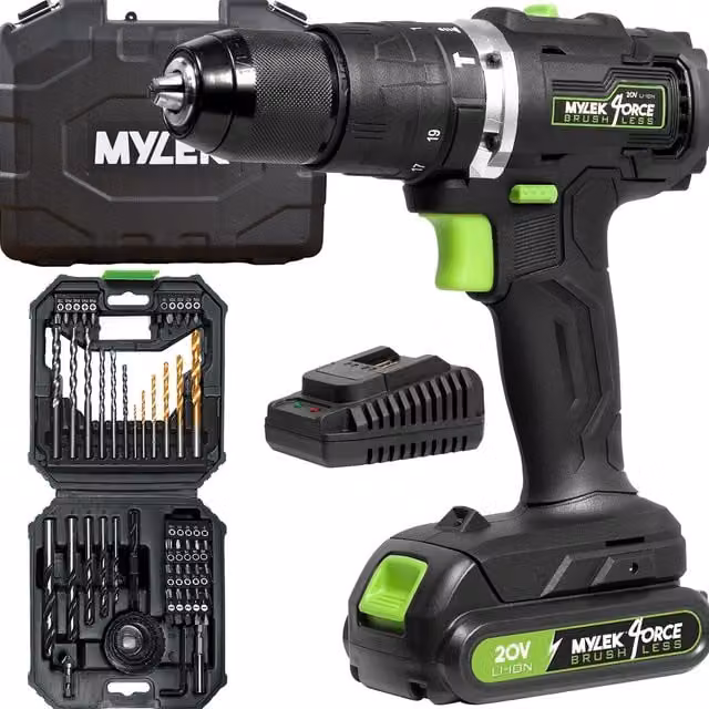 Mylek 20V Brushless Cordless Drill, Impact Driver and Hammer Combi Set in Black with 56 Pieces