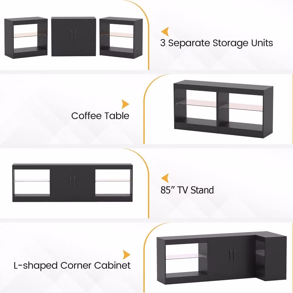 Costway 3-in-1 Modular TV Stand and Entertainment Centre for up to 85 inch TVs with LED Lights in Black – 5