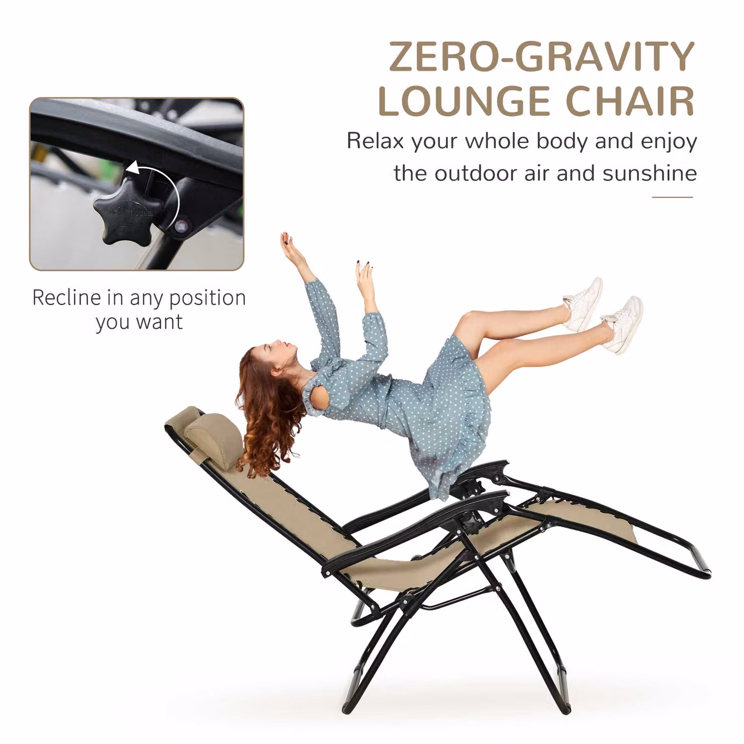 Outsunny 3-Piece Folding Zero Gravity Sun Lounger and Table Set with Cup Holders, Beige – 4
