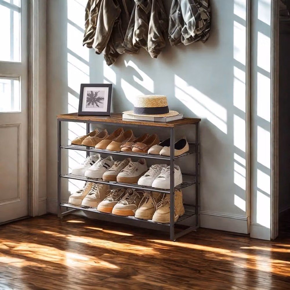 FURNOS 4-Tier Hallway Shoe Rack Storage with Adjustable Mesh Shelves in Brown – 3