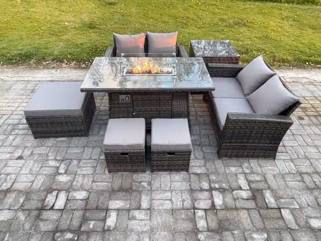 Fimous 7 Seater Grey Rattan Garden Furniture Set with Gas Fire Pit, Double Sofa, Dining Table, Chairs and 3 Footstools