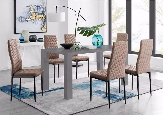 FurnitureboxUK Pivero Grey Rectangular Dining Table and 6 Milan Black Leg Chairs in Cappuccino