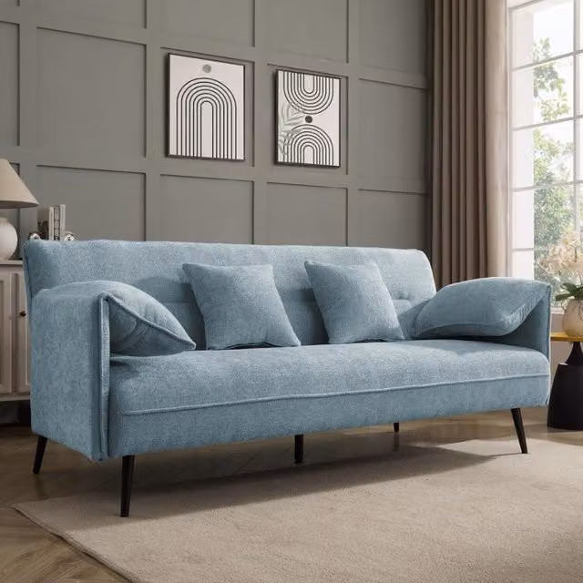 Carnation Blue Fabric Upholstered Sofa Bed with Scatter Cushions and Wood Legs W/D/H: 197 x 91 x 85 cm