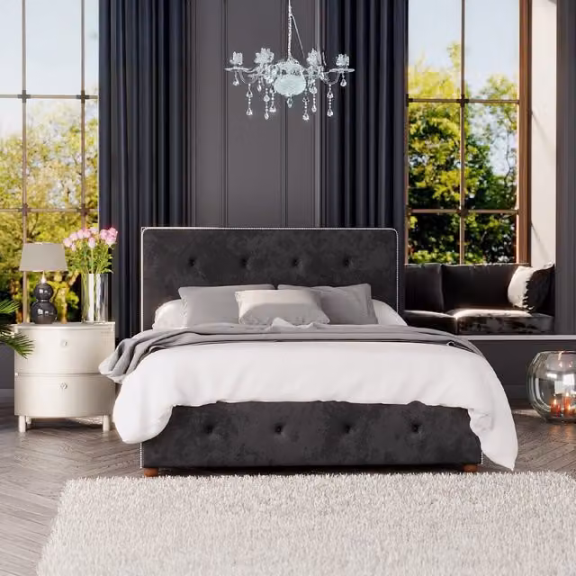 Aspire Hesper Ottoman Storage Bed in Black Mirazzi Velvet Fabric, Double (140 x 200 cm)
