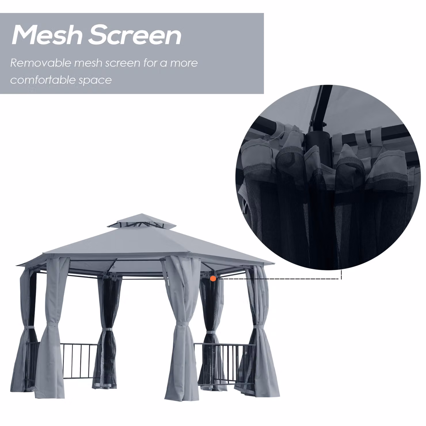 Outsunny Hexagonal Garden Gazebo Party Tent with Double-Tier Roof and Netting Side Panels, Grey – 6