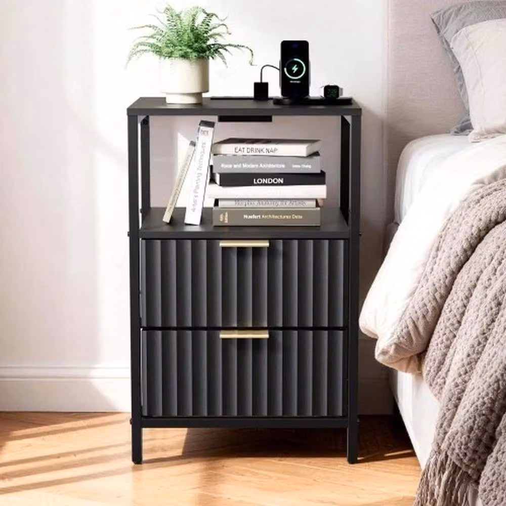KORVIXA Black Bedside Table with Charging Station and Media Compartments – 4
