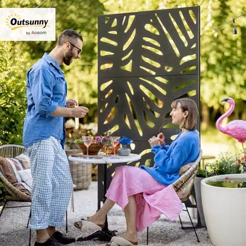 Outsunny Black Decorative Garden Privacy Screen with Large Leaf Design, Freestanding Metal Trellis Paravent, H 198 x W 122 x D 45 cm – 2