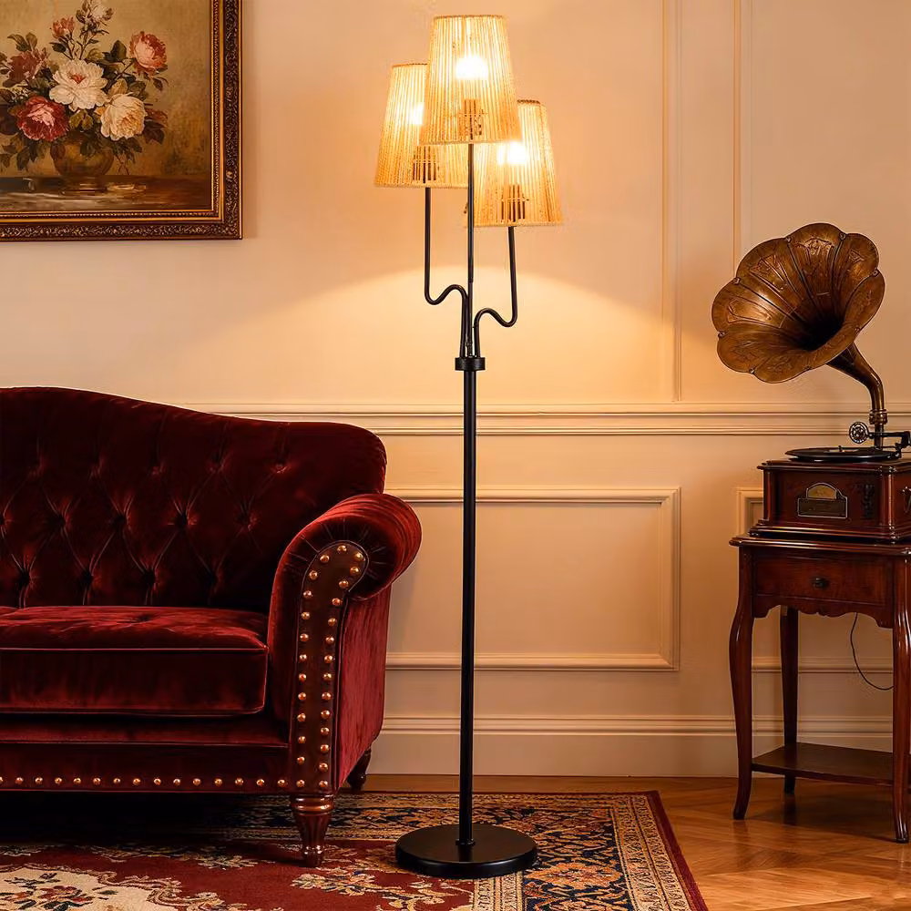 Gymax Farmhouse Tree Floor Lamp with 3 Boho Paper Woven Lampshades, Black – 3