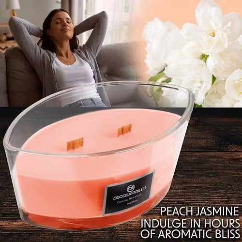 Deco Express Peach Jasmine Scented Woodwick Candle in Orange and Pink – 3