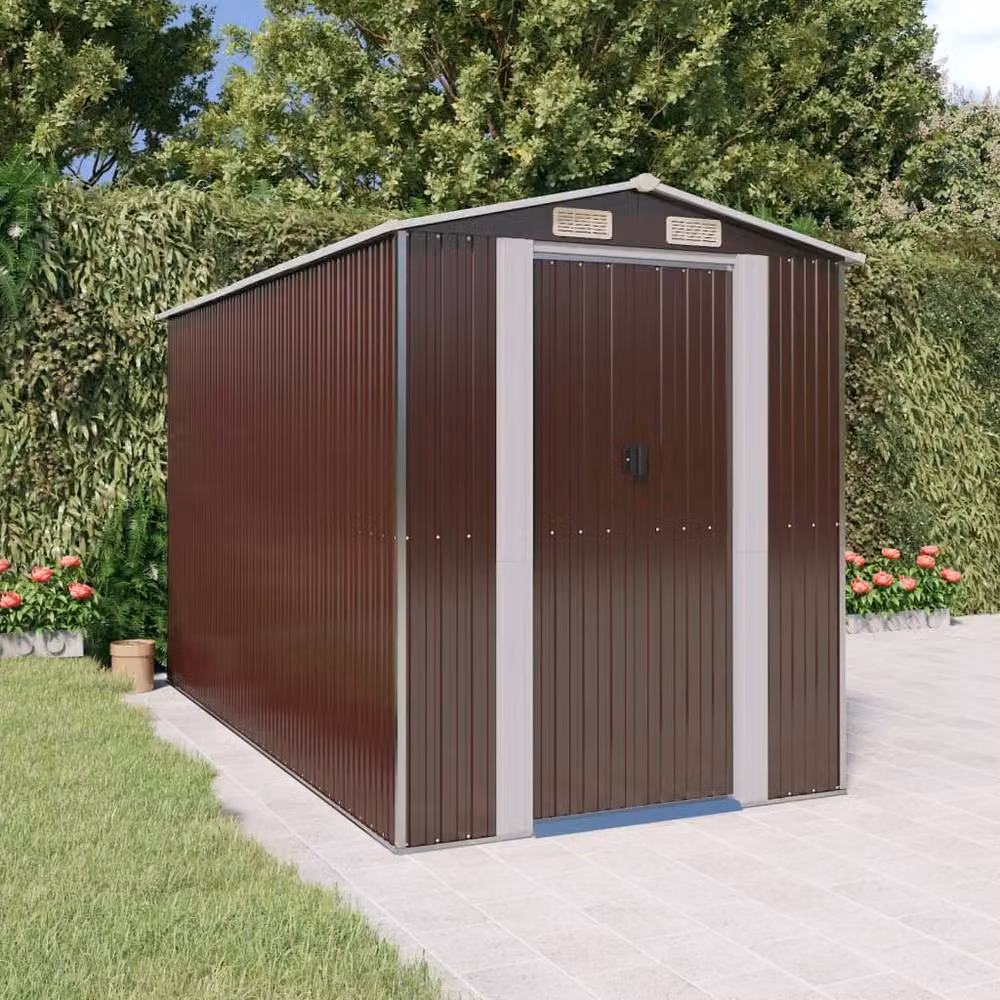 Berkfield Home Garden Shed in Dark Brown Galvanised Steel, W/D/H: 192 x 357 x 223 cm – 2