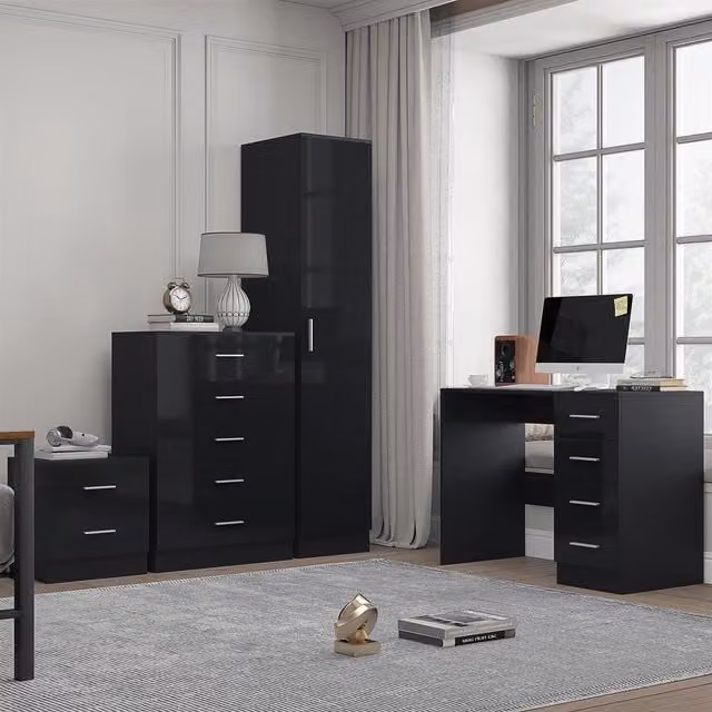 REFLECT Bedroom Furniture Set in Black High Gloss and Matt Black featuring 1 Door Wardrobe, 5 Drawer Chest, Bedside Table and Desk