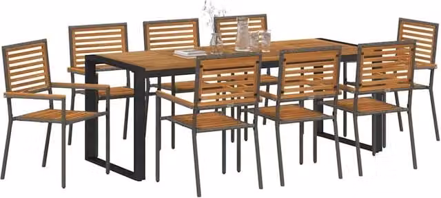 Berkfield Home Modern 9 Piece Grey Poly Rattan and Acacia Wood Garden Dining Set