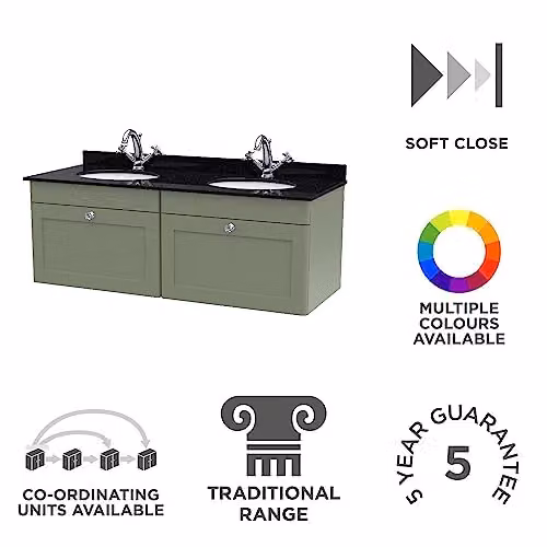 nuie Classique Traditional Wall Hung Double Bathroom Vanity Unit with 2 Drawers, Marble Top and Round Basin, Satin Green and Black, W: 120 cm, D: 47 cm, H: 50.9 cm – 2