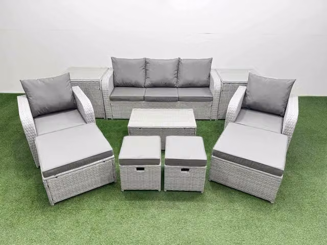 Fimous 10 Piece Garden Furniture Set with Rectangular Coffee Table, Reclining Chairs and Inclining Sofa in Light Grey