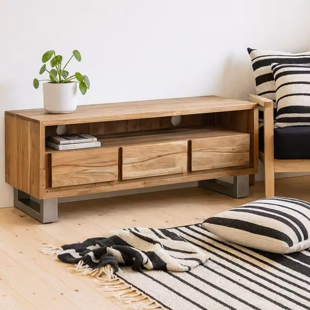Wyld Haus Wellington Industrial Acacia Wood Media Unit with 3 Drawers in Brown