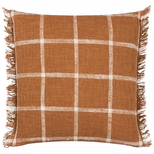 Yard Beni Checked Cotton Fringed Cushion in Orange and Beige, W/D/H: 45 x 45 x 45 cm – 1