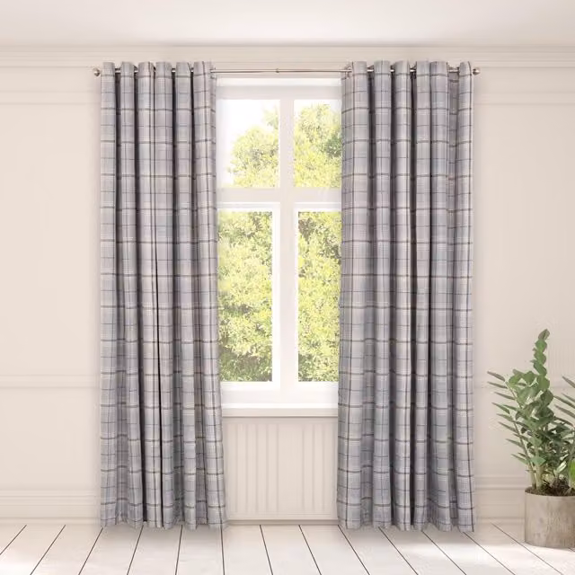 OHS Pair of Grey Woven Check Eyelet Curtains, Width: 168 cm, Drop: 229 cm – 1