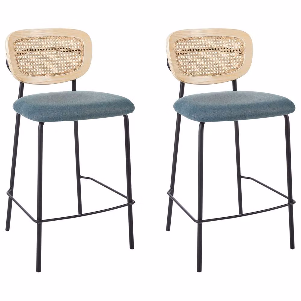 Wyld and Coco Signature Set of 2 Mid-Century Bar Chairs in Petrol Blue Polyester and Natural Rattan with Black Metal Frames – 2