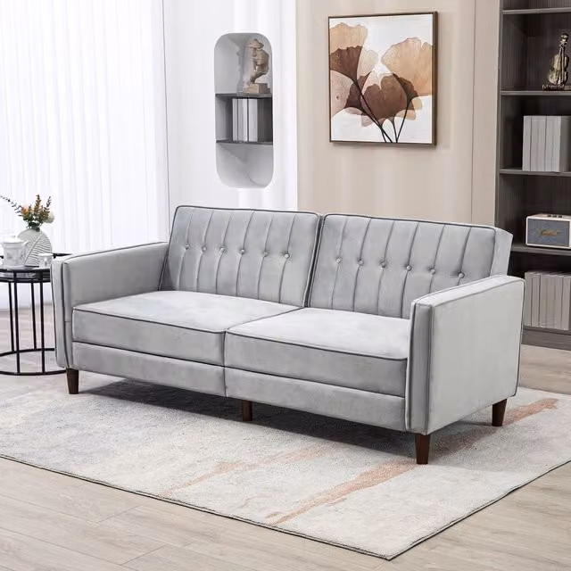 HOMCOM Convertible Click-Clack Sofa Bed in Grey Fabric with Tufted Upholstery