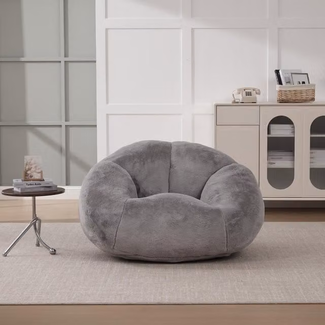 GOMYWAY Shell-Shaped Faux Fur Sofa in Grey with Shredded Memory Foam and Lumbar Support, L: 100 cm, W: 90 cm, H: 57 cm